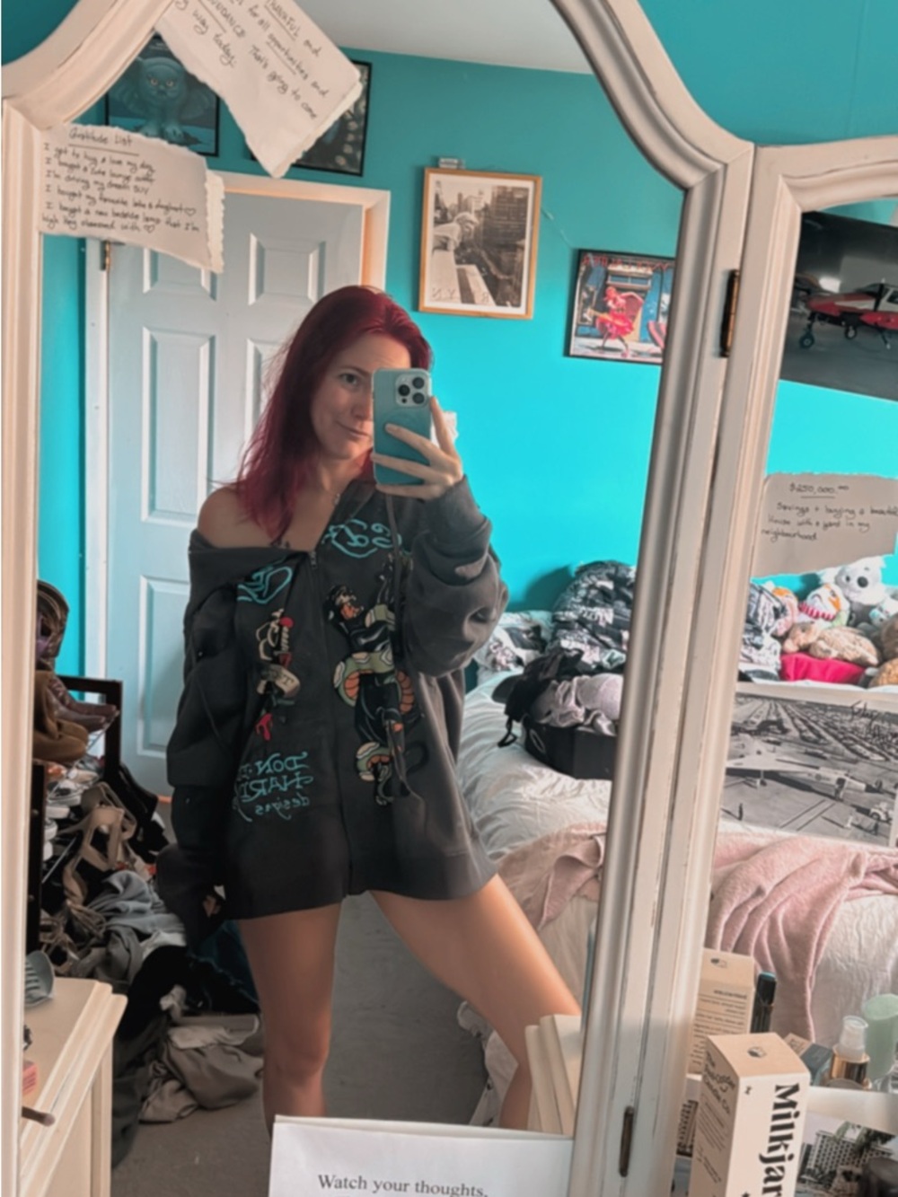 Ed Hardy Grey Zip-Up Sweater with Teal & Multicolor Graphics